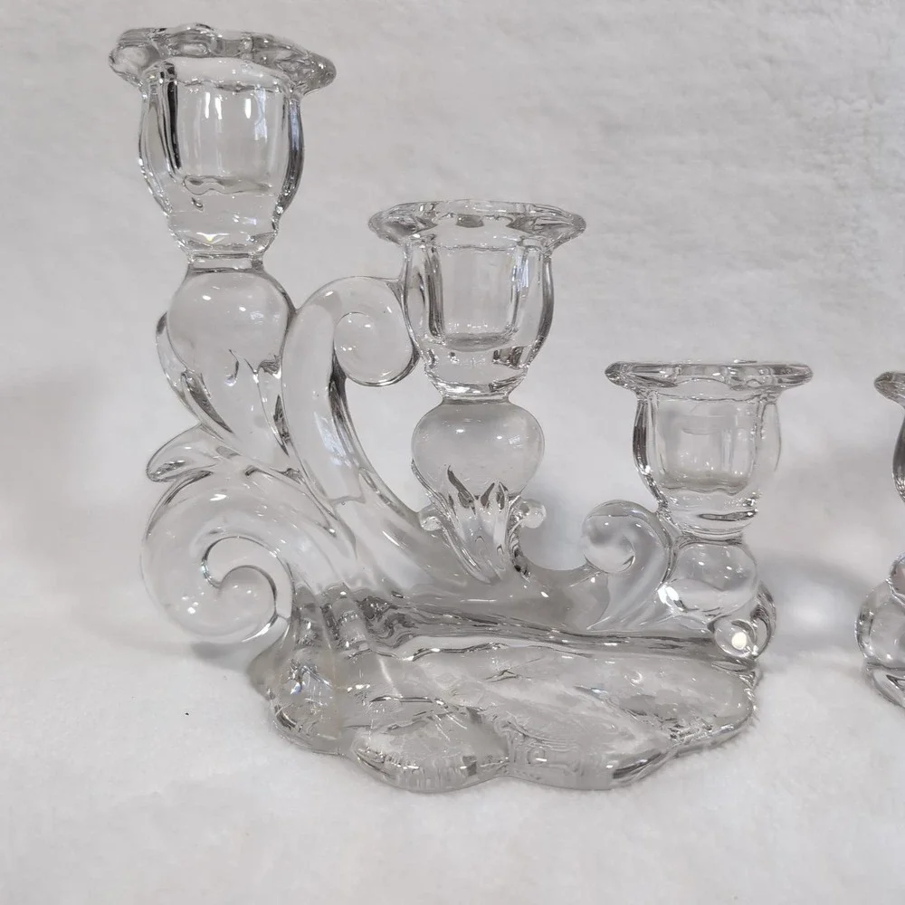 Vintage Cambridge Rose‎ Point Glass Candelabra Pair 3 Tier Etched Candlesticks